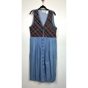 Casey & Max Vintage 90s Denim Plaid Jumper Dress Blue Cotton Button Front Medium